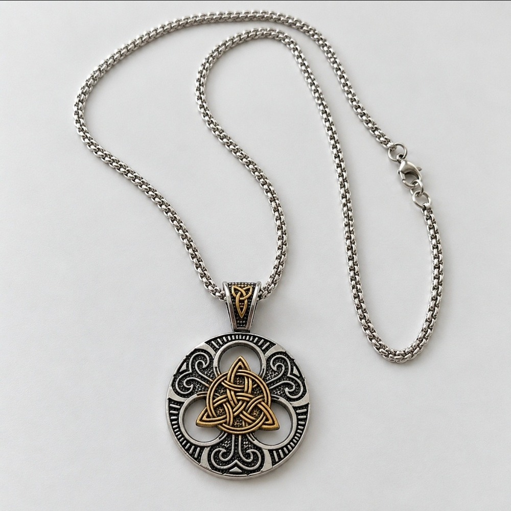 Celtic Triquetra Trinity Knot Medallion Necklace Two Tone Silver Gold Tone 24in
